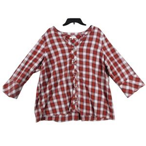 Loft Plus Red White Plaid Lace Up Front Flared Sleeve Blouse‎ Top Size 22/24